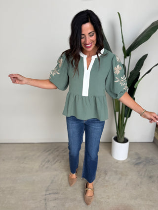 The Hollis Embroidered Top (Sage)