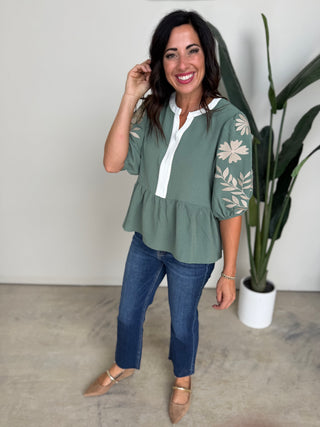 The Hollis Embroidered Top (Sage)