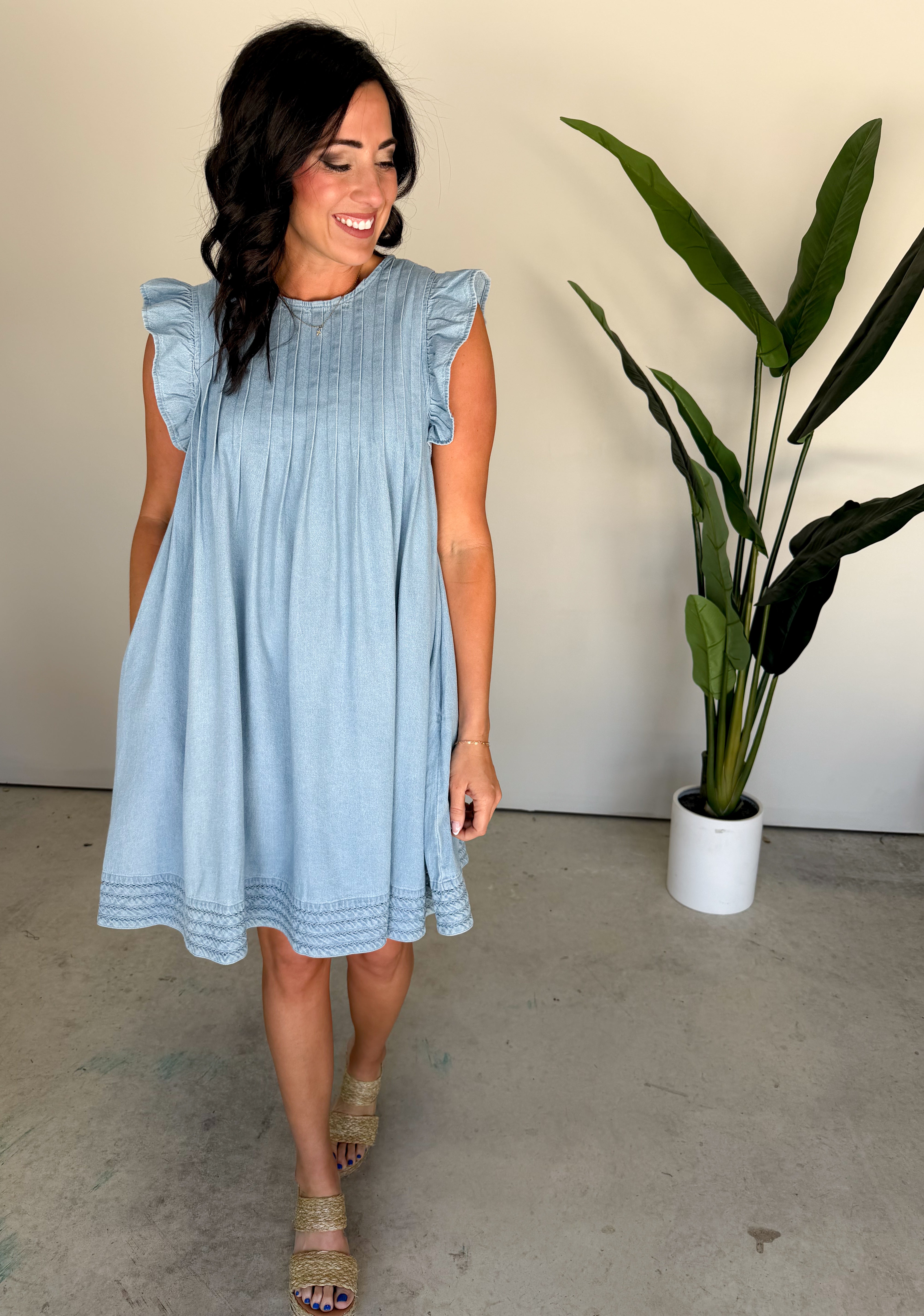 The Nellie Pleated Denim Dress – The Well Clothing Boutique The Nellie Pleated Denim Dress – The Well Clothing Boutique