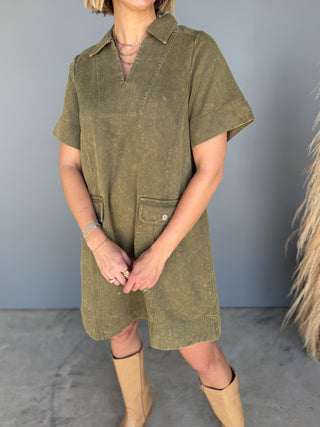 The Scout Denim Dress (Olive)