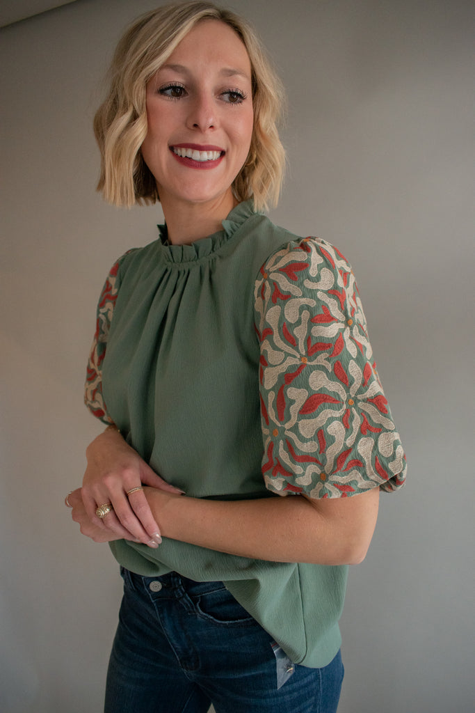 The Lonnie Embroidered Top (Sage)