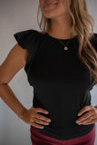 The Mika Ribbed Flutter Sleeve Top (Black)