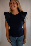 The Mika Ribbed Flutter Sleeve Top (Navy)