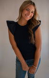 The Mika Ribbed Flutter Sleeve Top (Navy)
