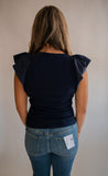 The Mika Ribbed Flutter Sleeve Top (Navy)