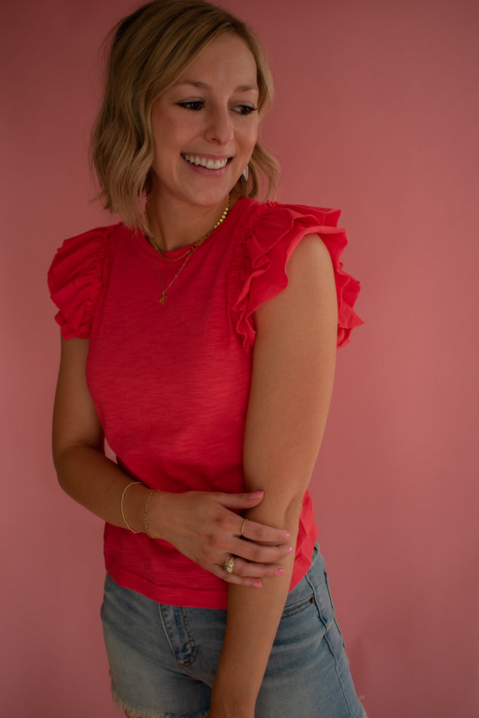 The Frannie Flutter Sleeve Top (Coral)